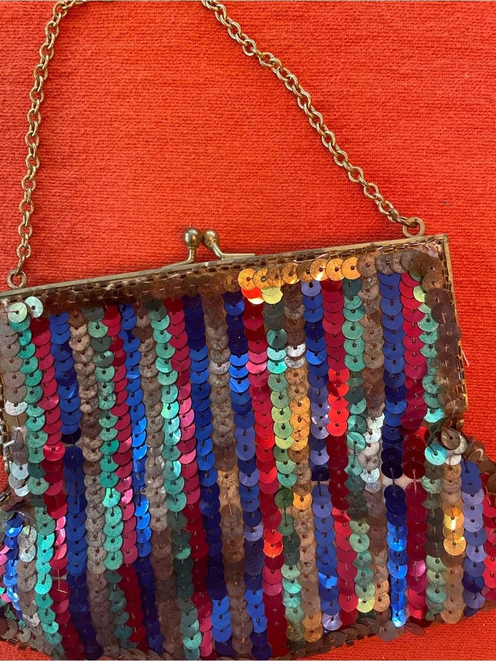 Sequin Stripe Vintage Evening Clutch - Multicolor With Gold Frame & Chain